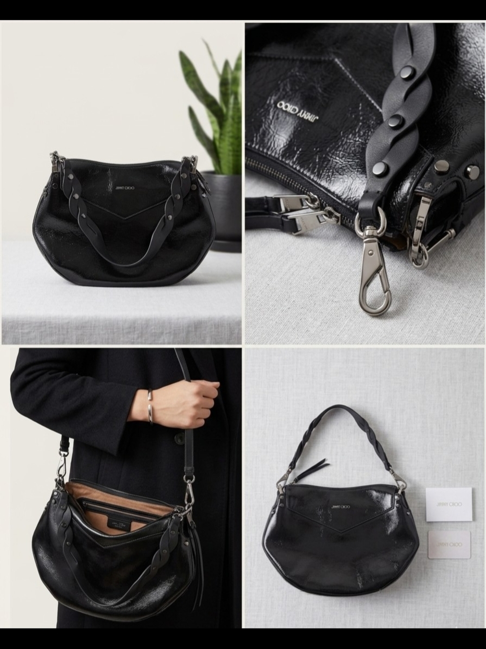 Jimmy Choo Black Patent Leather Hobo with Braided Strap